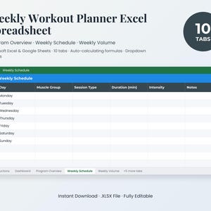 Könnte beinhalten: Eine digitale Excel-Tabelle zur wöchentlichen Trainingsplanung mit Programmübersicht, Wochenplan und Wochenvolumen. Die Datei enthält 10 Registerkarten, automatisch berechnende Formeln und Dropdown-Menüs für Microsoft Excel und Google Sheets.