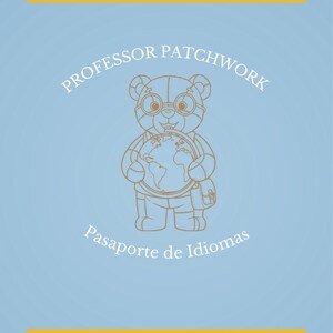May include: A light blue book cover with the text "PROFESSOR PATCHWORK" and a cartoon bear wearing glasses and holding a globe. The text "Pasaporte de Idiomas" is below the bear, with "Edición de Español a Inglés" at the bottom.