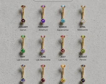 Birthstone Belly Button Ring, Personalized Navel Piercing, 925 Silver Gold Plated, Birthday Gift