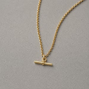 May include: A gold-colored necklace with a delicate chain and a horizontal bar pendant. The pendant has a small loop and a bar design. The necklace is displayed on a gray background.