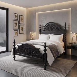 May include: A dark wood bed frame featuring an ornate, carved headboard and footboard with tall, turned posts. The bed is dressed in white linens and a gray throw blanket, positioned in a room with a chevron rug and modern accent lighting.