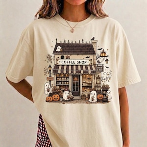 Comfort Colors Spooky Coffee Shop Shirt, Halloween Coffee Lover Tee, Ghost Coffee Shop Graphic Tee, Fall Coffee Shirt, Halloween Coffee Tee