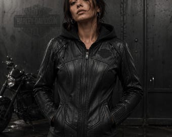 Chaqueta con capucha de piel de vacuno auténtica Harley Davidson para mujer – Abrigo motero bordado, regalo para ella
