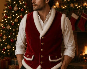 Chaleco navideño de terciopelo rojo para hombre con ribete de piel sintética blanca, chaleco de disfraz de Papá Noel, atuendo navideño hecho a mano, chaleco de regalo navideño para él.