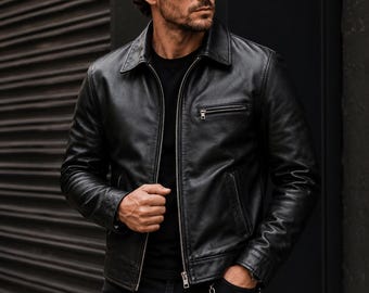Chaqueta de cuero negra para hombre estilo motero / Chaqueta de cuero auténtico hecha a mano / Abrigo estilo café racer vintage / Regalo para él
