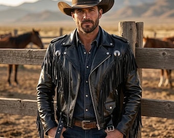 Chaqueta de cuero negra para hombre con flecos – Estilo vaquero western motero – Abrigo de motociclista vintage con borlas