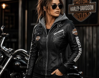 Chaqueta con capucha de piel de vacuno auténtica Harley Davidson para mujer – Abrigo motero bordado, regalo para ella