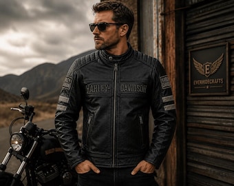 Chaqueta de moto Harley-Davidson para hombre, de cuero genuino negro, estilo Cafe Racer, bordada, ideal como regalo para él. Equipamiento para motociclistas.
