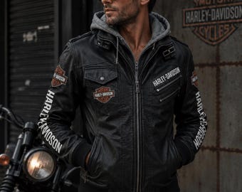 Chaqueta de moto Harley-Davidson para hombre, de cuero genuino de vaca negro – Chaqueta de cuero bordada, estilo Cafe Racer, ideal para motociclistas.