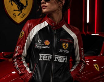 Chaqueta de cuero vintage Ferrari F1 de los años 90, roja, para motociclista, con parche bordado, ideal como regalo de ropa urbana unisex.