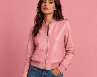 Chaqueta bomber de piel de cordero rosa para mujer, abrigo de piel auténtica de longitud regular con cremallera, abrigo de invierno