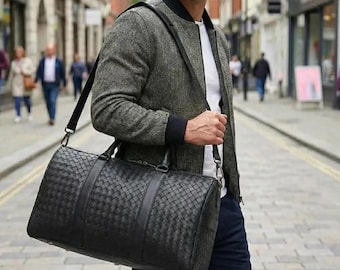 Bolsa de viaje de cuero tejido de grano completo, bolsa de fin de semana de viaje Intrecciato negra, bolsa de viaje de napa de lujo, bolsa de viaje hecha a mano – equipaje de mano de viaje tejido