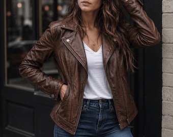 Chaqueta de cuero marrón vintage para mujer, de piel de cordero, hecha a mano, estilo motero auténtico.