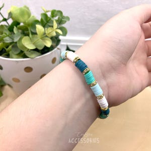 Teal White Clay Heishi Bracelet, Stackable Friendship Beaded Jewelry