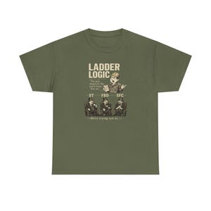 May include: An olive green short-sleeve t-shirt featuring a graphic print with the text LADDER LOGIC. The design includes a cartoon worker in a hard hat and three figures in top hats sitting in chairs, labeled ST, FBD, and SFC, with text below.