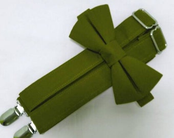 Olive Suspenders and Olive Bow Tie Set. Bridal Color Olive Green. Sizes Infant-Adult. Free Fabric Sample Available