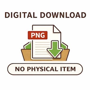 Puede incluir: Ilustraci&oacute;n con el texto "DESCARGA DIGITAL" encima de un icono de archivo etiquetado como "PNG" con una flecha verde apuntando hacia abajo. Debajo, el texto "SIN ART&Iacute;CULO F&Iacute;SICO". Fondo blanco.