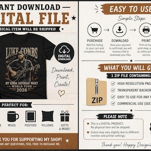Puede incluir: Archivo digital descargable con un dise&ntilde;o de camiseta negra con el texto "Luke Combs" y "My Kinda Saturday Night World Tour 2026". Incluye instrucciones para la compra, descarga e impresi&oacute;n. Perfecto para camisetas, tazas, carteles, etc. Uso comercial permitido.