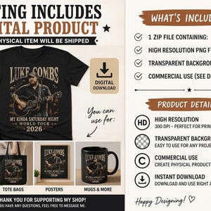 Puede incluir: Camiseta negra con un gr&aacute;fico de Luke Combs tocando la guitarra, promocionando el "My Kinda Saturday Night World Tour 2026". La imagen tambi&eacute;n muestra ropa, bolsas de mano, carteles y tazas con el mismo dise&ntilde;o. Producto digital.