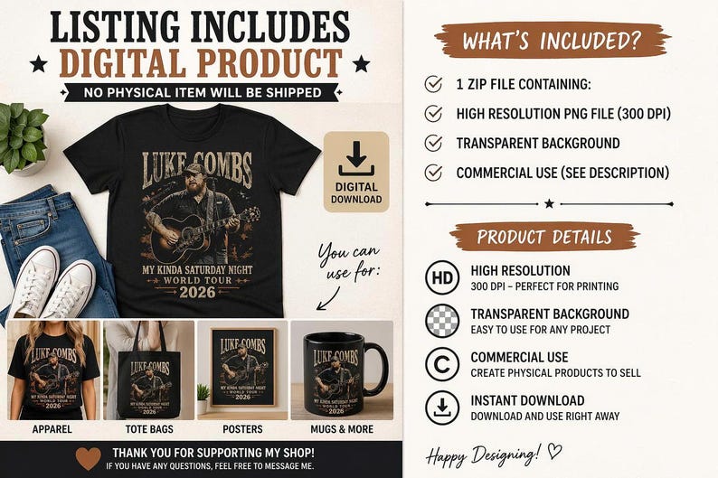 Puede incluir: Camiseta negra con un gr&aacute;fico de Luke Combs tocando la guitarra, promocionando el "My Kinda Saturday Night World Tour 2026". La imagen tambi&eacute;n muestra ropa, bolsas de mano, carteles y tazas con el mismo dise&ntilde;o. Producto digital.