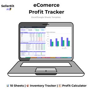 May include: A laptop displaying an e-commerce profit tracker template. The screen shows financial data, including monthly performance and revenue charts. The image also includes the text "10 Sheets | Inventory Tracker | Profit Calculator".