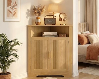 Oak Corner Cabinet with Fluted Door & Adjustable Shelf