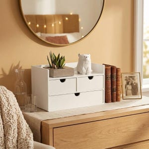 Puede incluir: Un organizador de escritorio de madera blanca con tres cajones, un estante y una pequeña planta suculenta en una maceta de hormigón. Una figura de oso blanco, tres libros encuadernados en cuero y una fotografía enmarcada también están en el escritorio.