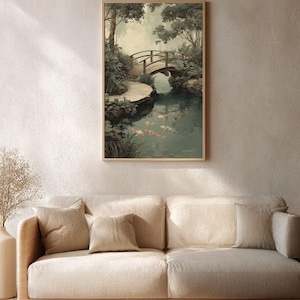 Elegant Wooden Bridge & Koi Pond Wall Art, Ukiyo-e Japanese Garden Digital Download, Muted Earthy Vintage Poster, Home Decor