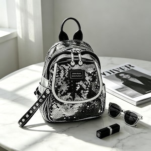 Puede incluir: Una mochila negra con lentejuelas y detalles plateados, un asa superior y correas ajustables. La mochila tiene un bolsillo frontal con una pequeña etiqueta rectangular. Gafas de sol y lápiz labial están al lado de la mochila.