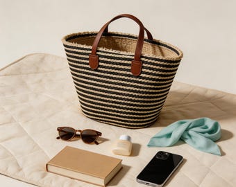 Black Beige Striped Straw Tote Bag, 2026 Large Capacity Beach Woven Shoulder Bag, Casual Commuter Vacation Purse