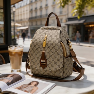 Könnte beinhalten: Ein beigefarbener Rucksack mit sich wiederholendem Logomuster und braunen Lederakzenten. Die Tasche hat einen goldenen Reißverschluss, einen oberen Griff und verstellbare Schultergurte. Ein Glas Eiskaffee und eine offene Zeitschrift liegen auf dem Tisch.