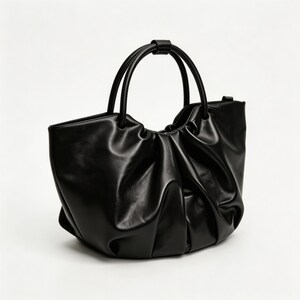 2026 Black Ruched Leather Tote Bag, Large Capacity Crossbody Handbag, Minimalist Spring Shoulder Purse