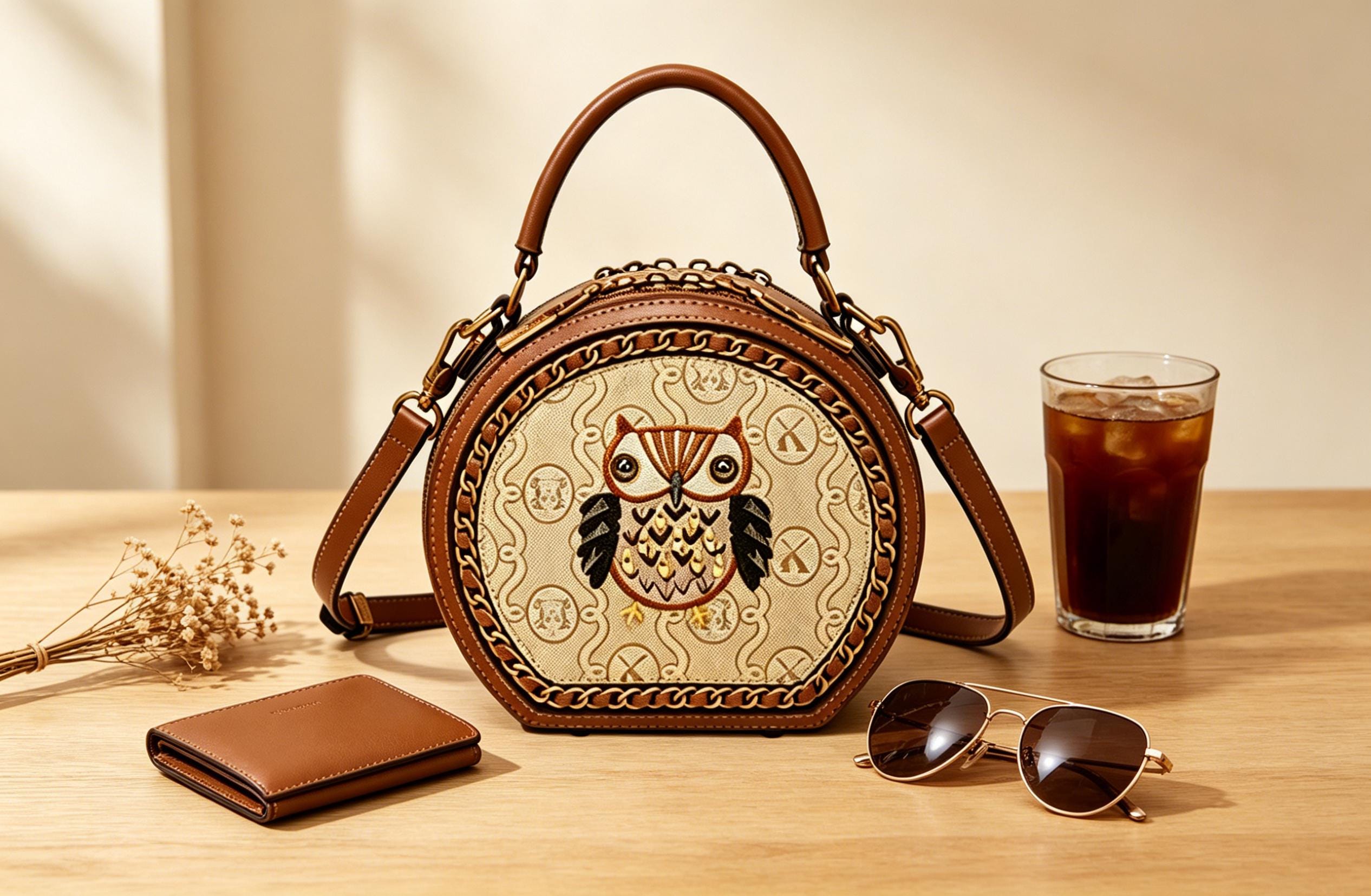 Leather Round Crossbody Bag, Owl Embroidery, Vintage Monogram Shoulder Purse