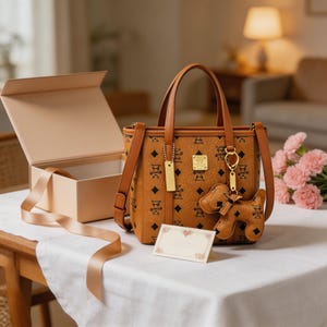 Könnte beinhalten: Eine braune Tragetasche mit sich wiederholendem Logomuster und einem passenden hundeformigen Schlüsselanhänger. Die Tasche hat einen oberen Griff und einen abnehmbaren Schultergurt. Eine Geschenkbox und eine Karte mit floralen Akzenten sind ebenfalls vorhanden.