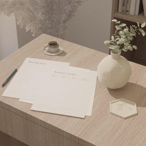 Pacchetto per appunti e monitoraggio delle revisioni di riunioni di interior design · Modelli Canva · Download immediato immagine 1