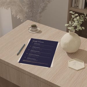 May include: A navy blue document titled "Design Process" with gold text, resting on a light-colored surface. A pen, a cup of coffee, and a decorative vase are also on the table. The document outlines steps in a design process.