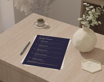 Può includere: Un documento blu navy intitolato "Design Process" con testo dorato, appoggiato su una superficie chiara. Una penna, una tazza di caffè e un vaso decorativo sono anche sul tavolo. Il documento delinea i passaggi di un processo di progettazione.