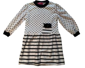 Y2K Kinder Kleid Polka Dot Gestreift Gr. 5/6 - Schwarz Weiße Schleifentasche USA