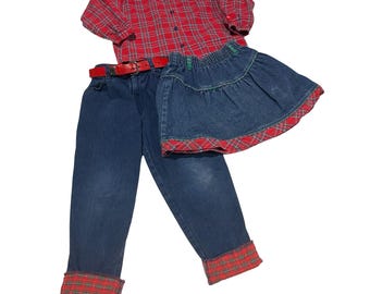 Vintage OshKosh Bgosh Mädchen 3pk Rot Kariertes Hemd Denim Jeans Rock Set Größe 6 USA