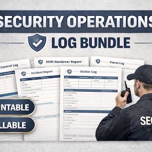 Puede incluir: Un paquete de formularios de registro de seguridad imprimibles y rellenables, que incluyen un registro de control de llaves, un informe de incidentes y un registro de visitantes. La imagen muestra un guardia de seguridad con una radio.