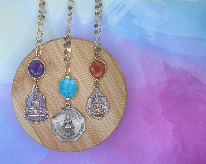 Vintage Buddha Necklace with Disc Chain Gemstone Amethyst Turquoise Chalcedony Carnelian