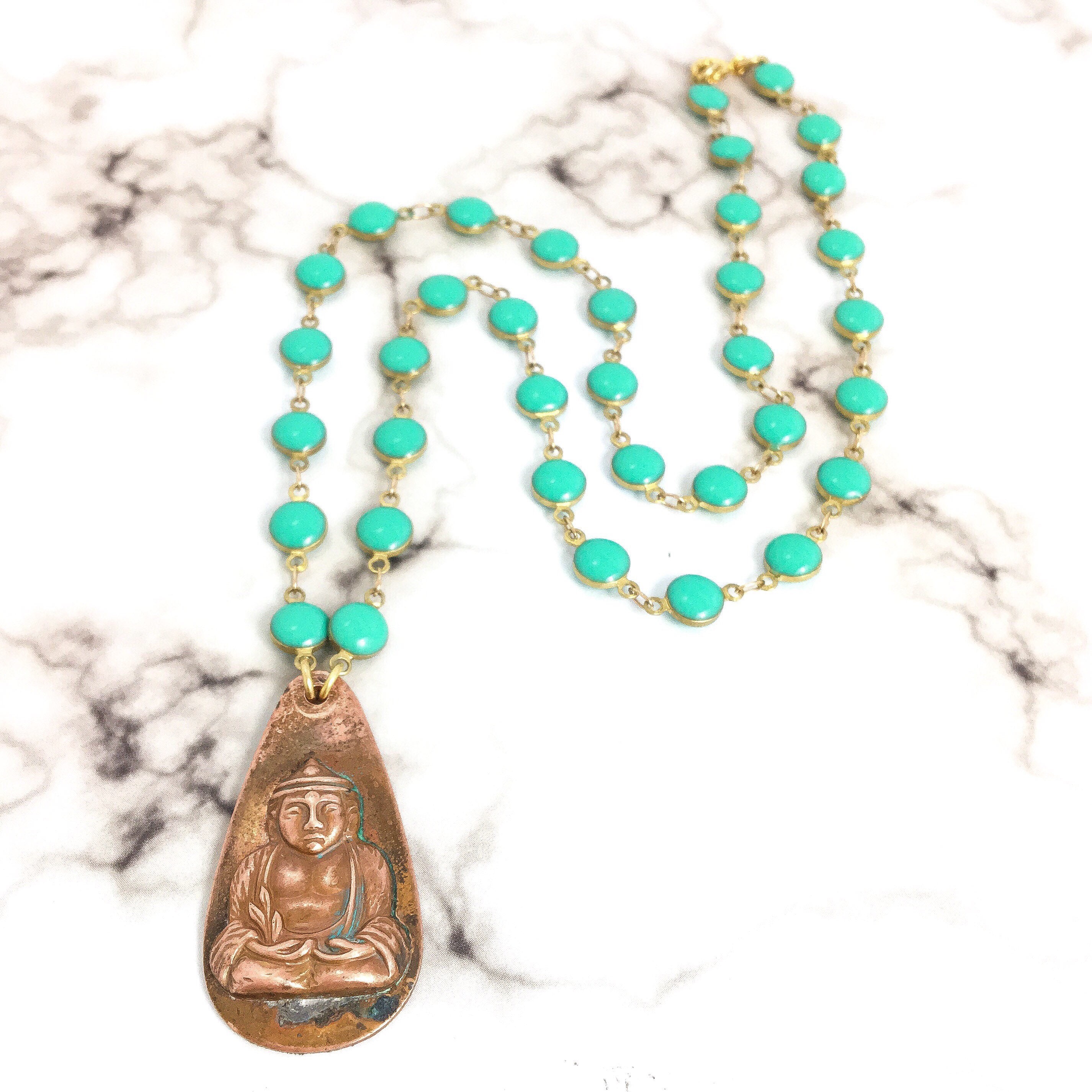 Vintage Copper Brass Buddha Pendant Necklace Blue Turquoise Enamel Coin Chain