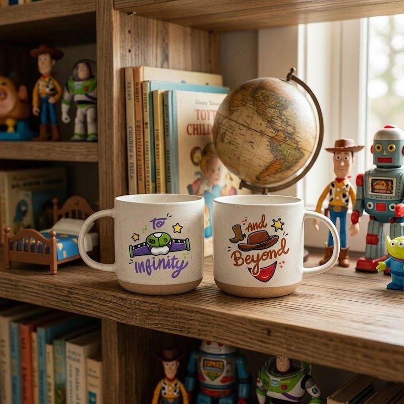 May include: Two off-white ceramic mugs with speckled textures. The left mug features a green and purple space ranger chest plate graphic with the text To Infinity. The right mug features a brown cowboy hat and red bandana graphic with the text and Beyond.
