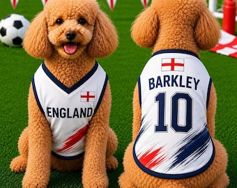 Könnte beinhalten: Zwei hellbraune, lockige Hunde in weißen ärmellosen Trikots mit marineblauem Rand. Auf der Vorderseite steht ENGLAND und die englische Flagge. Auf der Rückseite sind der Name BARKLEY, die Nummer 10 und die englische Flagge in Rot zu sehen.