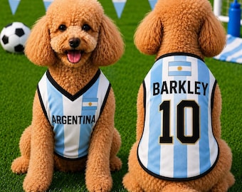Könnte beinhalten: Ein hellbrauner Pudel trägt ein ärmelloses Trikot mit hellblauen und weißen vertikalen Streifen, dem Schriftzug ARGENTINA auf der Vorderseite und dem Namen BARKLEY mit der Nummer 10 auf der Rückseite, inklusive der argentinischen Flagge.
