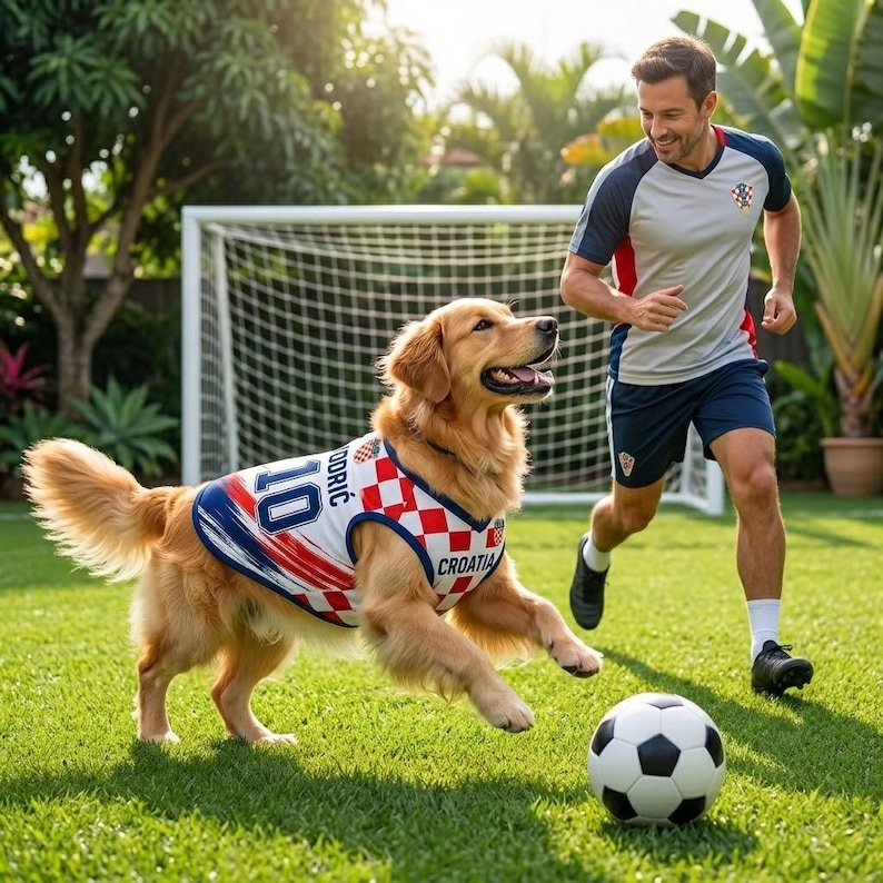 May include: A golden retriever wearing a white, red, and blue dog jersey with the text "MODRIC 10" and "CROATIA" on the back, running on grass alongside a person in a matching grey, red, and blue athletic shirt and shorts near a soccer ball.