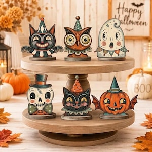 ヴィンテージ ハロウィン 木製ブロック装飾、レトロな幽霊かぼちゃの黒猫の棚飾り、かわいい骸骨魔女フクロウのサイン、秋の新築祝いギフト