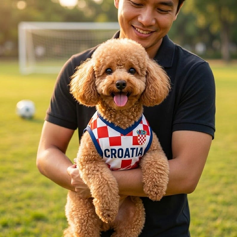 May include: A small, light brown poodle wearing a sleeveless jersey featuring a red and white checkered pattern, a blue trim, and the word CROATIA printed in bold dark blue letters across the chest, with a small crest emblem on the upper left.