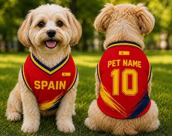 Könnte beinhalten: Ein rotes, gelbes und blaues Hunde-Trikot mit dem Schriftzug SPAIN auf der Vorderseite und PET NAME mit der Nummer 10 auf der Rückseite. Das Trikot hat ein kleines spanisches Flaggensymbol auf Brust und Rücken für einen kleinen Hund mit hellem Fell.