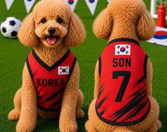 Benutzerdefinierte Südkorea Haustier-Fußball-Trikot, Fußball-Outfit für Hunde Katzen, Team Korea Hunde Fußball-Shirt Namen Nummer, niedliche Welpen Sportbekleidung